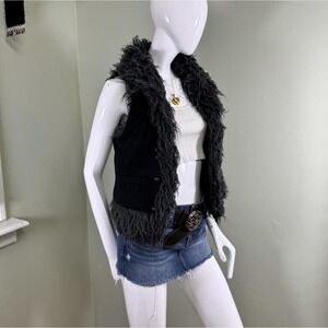 RARE‎ Juicy Couture Faux Fur Trim Vest – Black & Charcoal – Y2K